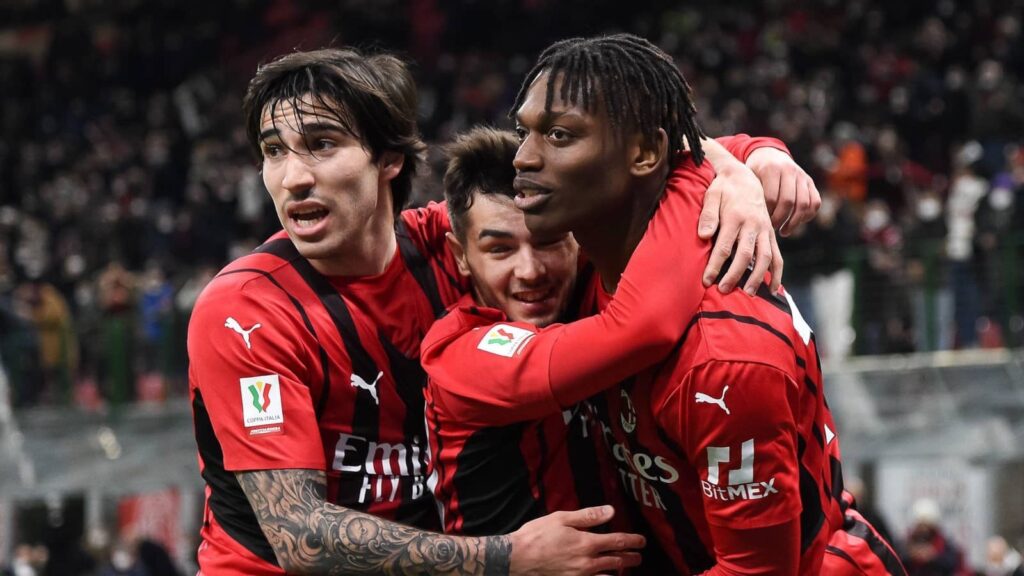 rafael leao celebrates ac milan goal with sandro tonali and brahim diaz february 2022